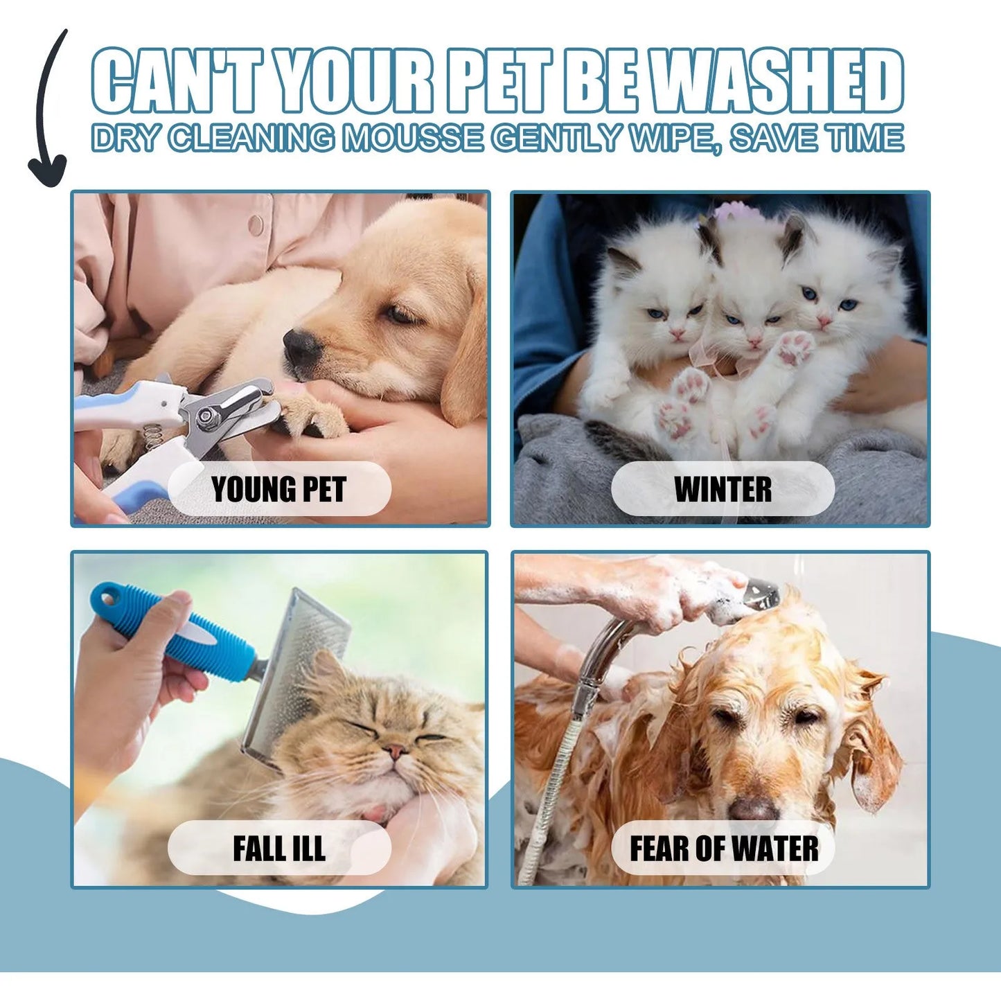 Dry Shampoo Foam Waterless Cleansing For Puppies Odor Eliminator 60ml
